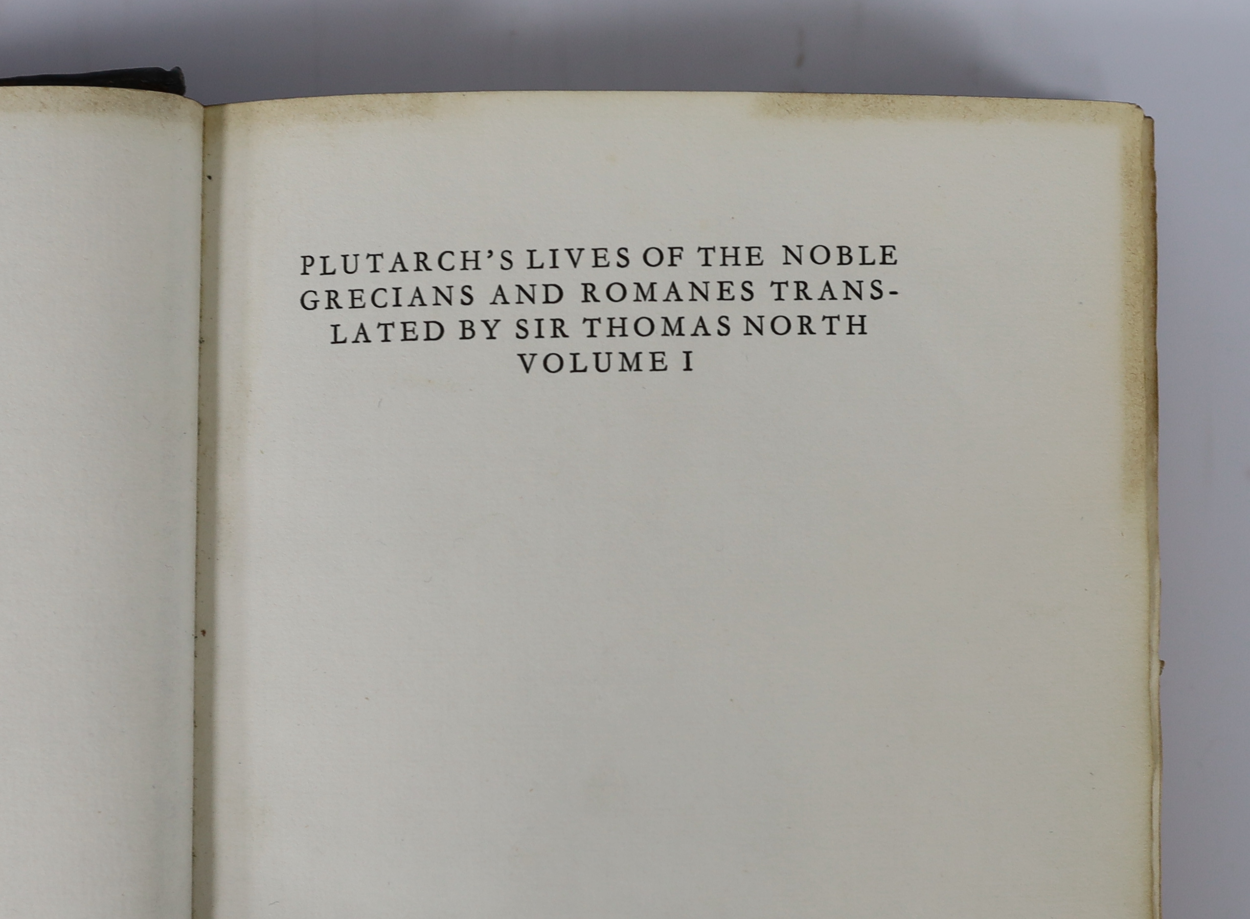 Plutarch - The Lives of the Noble Grecians and Romans....Translated...out of French into Englishe, by Thomas North....8 vols. Limited Edition (of 500 numbered sets). text decorations by Thomas Lowinsky; publisher's black